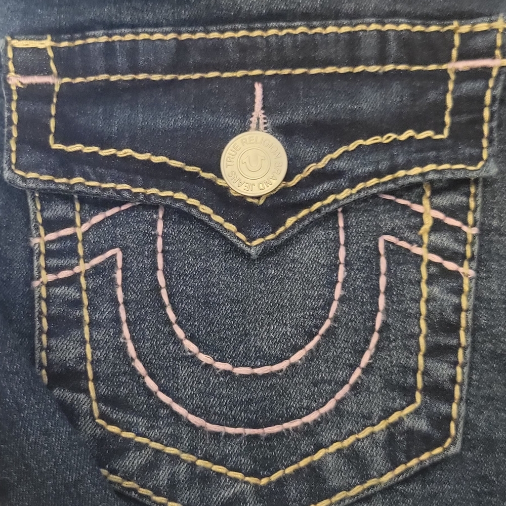 True Religion Women's Indigo Jeans with Yellow and Pink Stitching